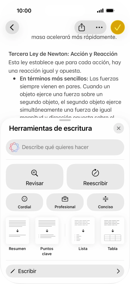 Pulsa Describe qué quieres hacer y escribe con tus propias palabras cómo quieres que se reescriba el texto. Sigue las indicaciones de la pantalla para utilizar la función.