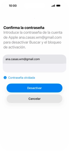 Introduce la contraseña de tu Cuenta de Apple y pulsa Desactivar. Espera unos instantes mientras el teléfono restablece la configuración predeterminada. Sigue las indicaciones de la pantalla para configurar el teléfono y dejarlo listo para su uso.