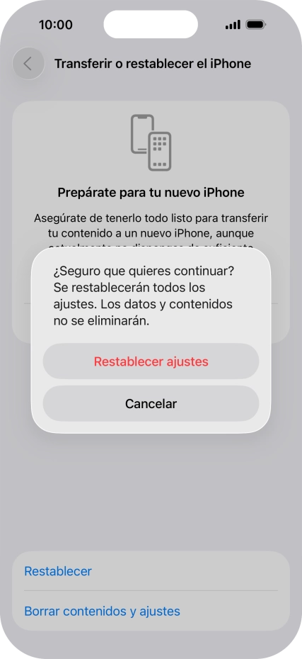 Pulsa Restablecer ajustes. Espera unos instantes mientras el teléfono restablece la configuración predeterminada. Sigue las indicaciones de la pantalla para configurar el teléfono y dejarlo listo para su uso.