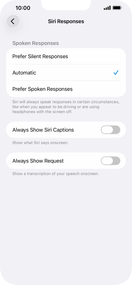 Press the required setting.
