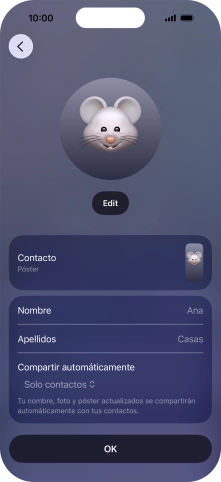 Pulsa los campos del nombre y sigue las indicaciones de la pantalla para editar el nombre del póster de contacto.