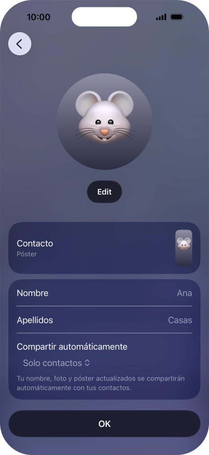 Pulsa los campos del nombre y sigue las indicaciones de la pantalla para editar el nombre del póster de contacto.