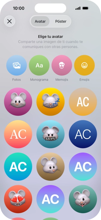 Pulsa una categoría y sigue las indicaciones de la pantalla para seleccionar y configurar la imagen o fotografía deseada para tu póster de contacto.