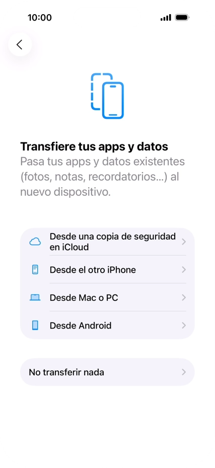 Puedes transferir el contenido de otro teléfono Android cuando el teléfono se activa antes de utilizarlo por primera vez y cuando lo restableces. Cuando aparece esta imagen de pantalla, el teléfono está listo para la transferencia de contenido desde otro teléfono Android.