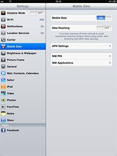 Press the indicator next to Mobile Data.Depending on the current setting, the function is turned on or off.