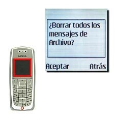 La pantalla muestra ¿Borrar todos los mensajes de ?. Pulse Aceptar para confirmar.Se borran todos los mensajes de la carpeta seleccionada.