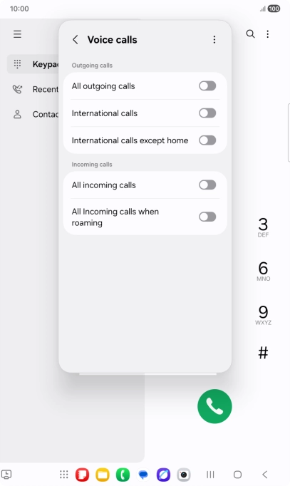 Press the indicator next to the required barring type to turn the function on or off.