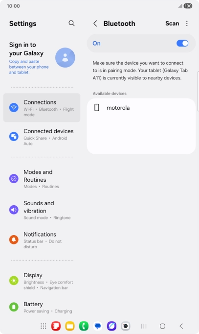 Press the required Bluetooth device and follow the instructions on the screen to pair the device with your tablet.