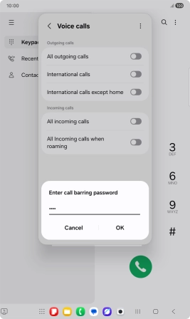 Key in your barring password and press OK. The default barring password is 1919.