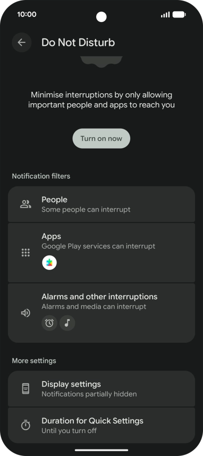 Press Turn on now to turn the function on or off.