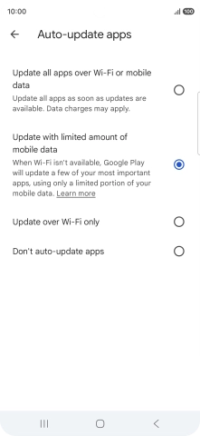 To turn on automatic update of apps using mobile network, press Update all apps over Wi-Fi or mobile data.