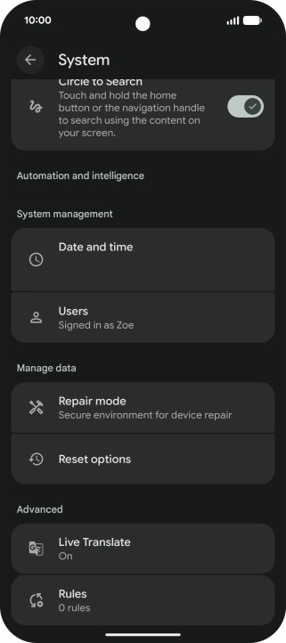 Press Reset options.