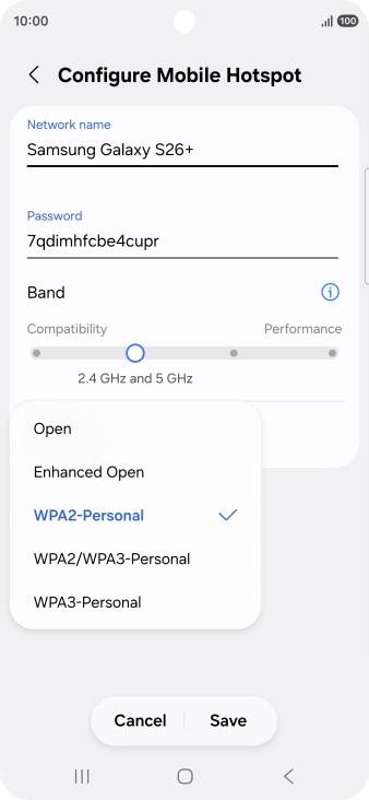 Press WPA3-Personal to password protect your Wi-Fi hotspot.