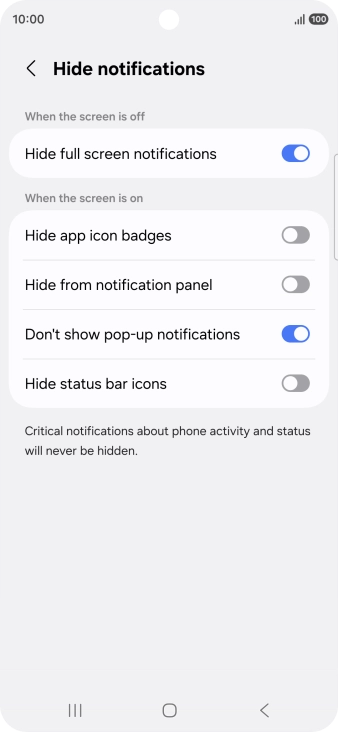 Press the indicators next to the required settings to turn display of the selected notification types on or off.