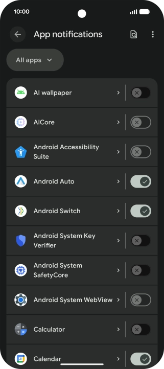 Press the indicator next to the required apps to turn the function on or off.