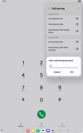Key in your barring password and press OK. The default barring password is 1919.