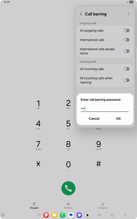 Key in your barring password and press OK. The default barring password is 1919.