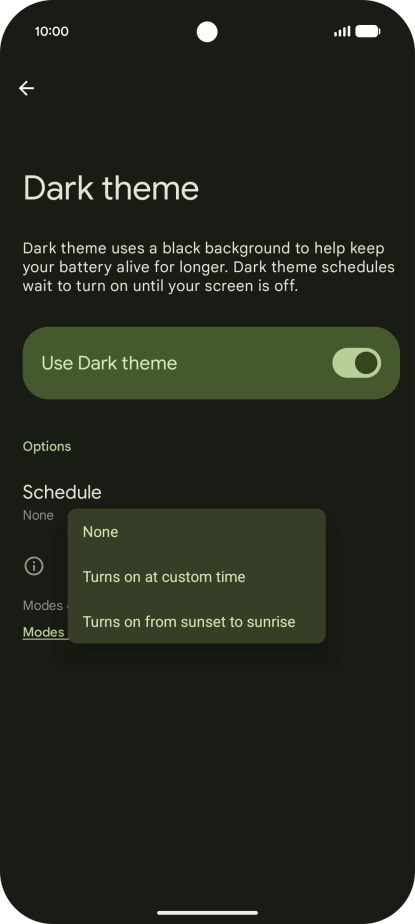 Press the required setting and follow the instructions on the screen to select the required dark mode period.