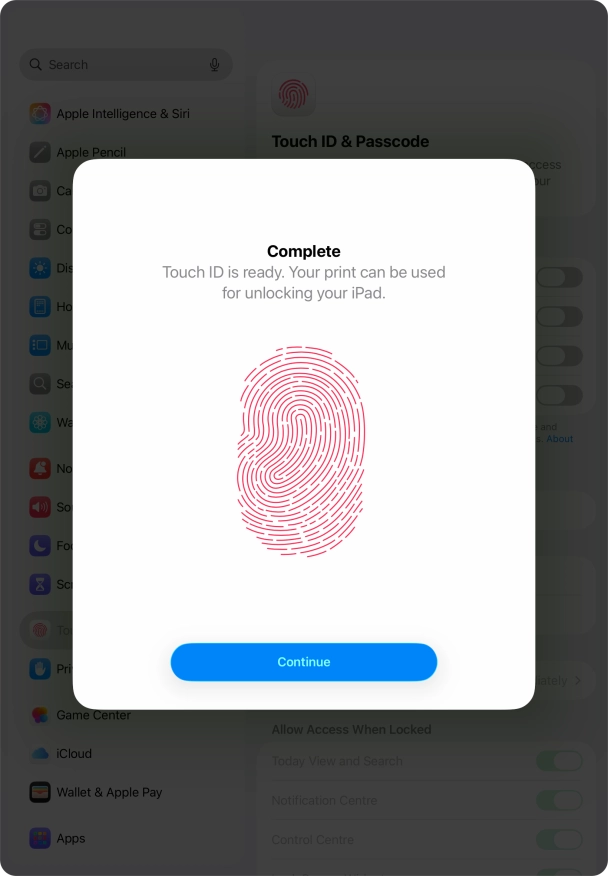 Press Continue. If you haven't previously selected a lock code, key in a code of your own choice twice.