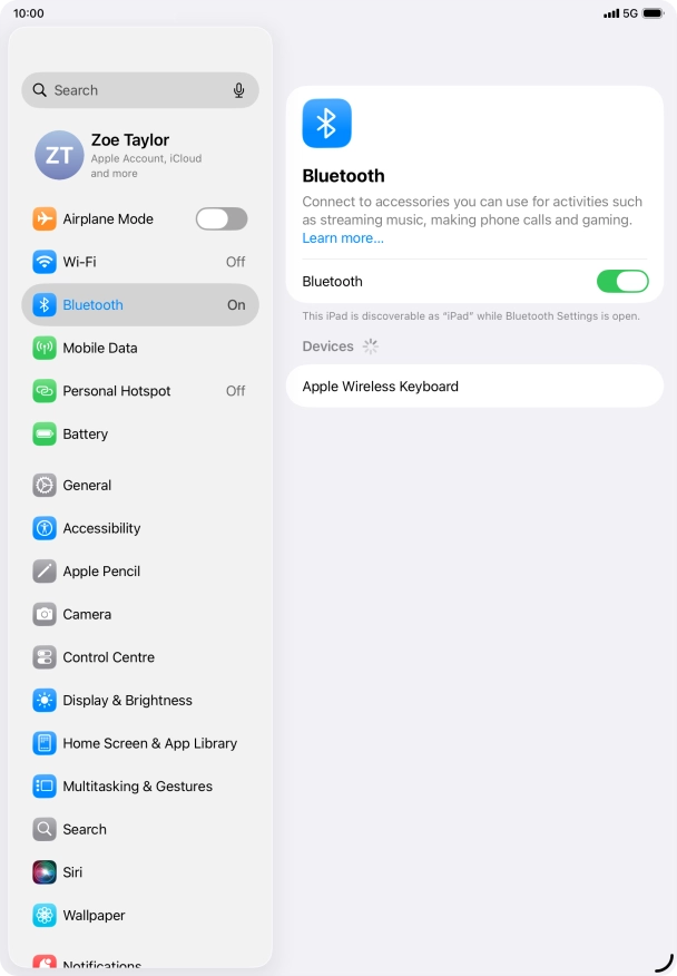Press the required Bluetooth device and follow the instructions on the screen to pair the device with your tablet.