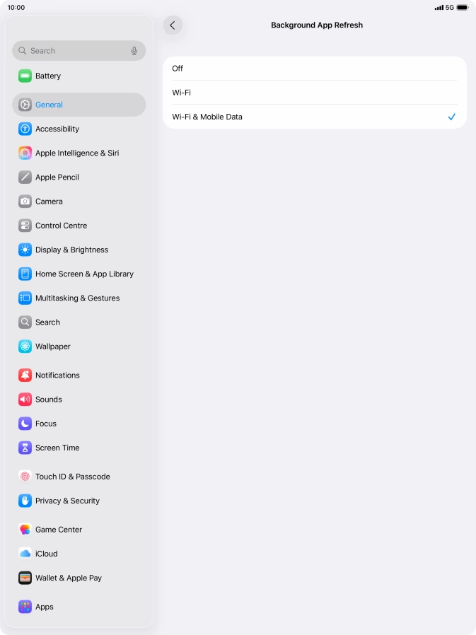 To turn off background refresh of apps, press Off.