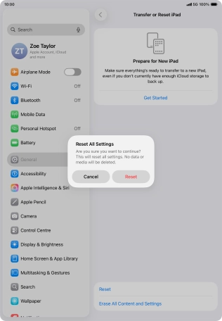 Press Reset. Wait a moment while the factory default settings are restored. Follow the instructions on the screen to set up your tablet and prepare it for use.