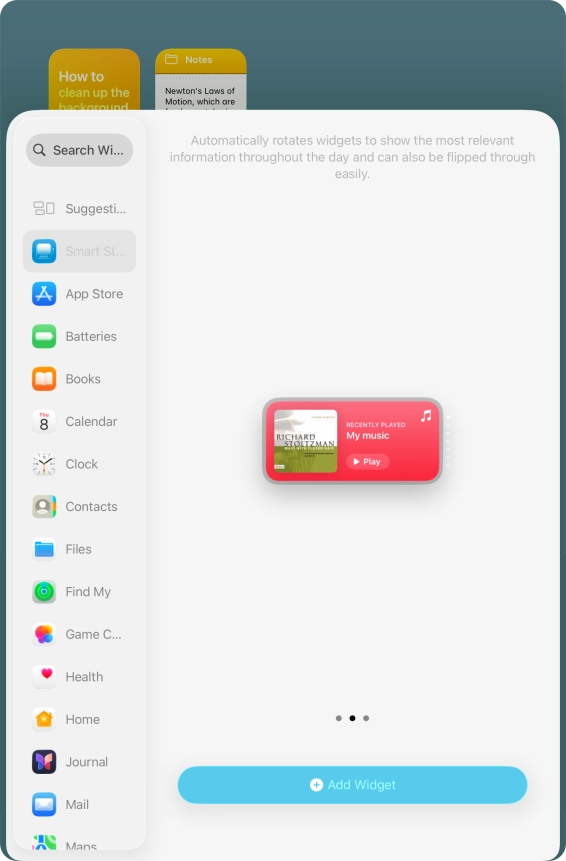 Slide your finger right or left on the screen to select the required widget size.