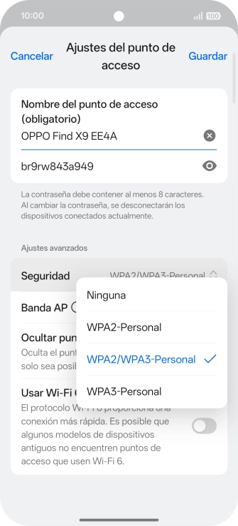 Pulsa WPA3-Personal para proteger la conexión wifi con una contraseña.