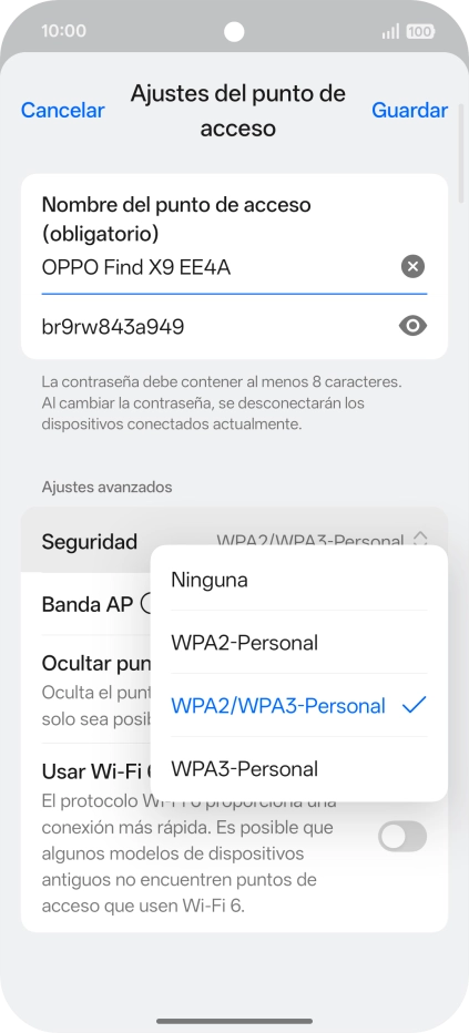 Pulsa WPA3-Personal para proteger la conexión wifi con una contraseña.