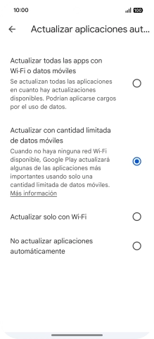 Para activar la actualización automática de apps utilizando la red móvil, pulsa Actualizar todas las apps con Wi-Fi o datos móviles.