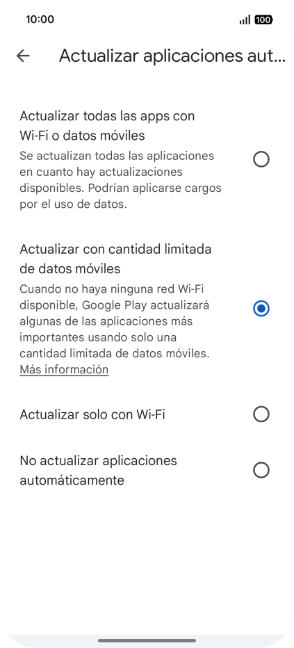 Para activar la actualización automática de apps utilizando la red móvil, pulsa Actualizar todas las apps con Wi-Fi o datos móviles.