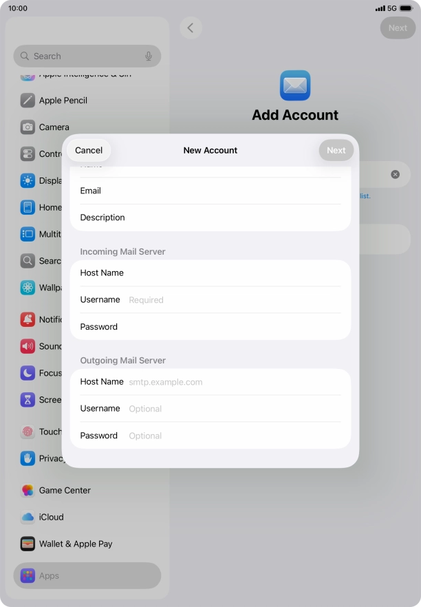Press Username and key in the username for your email account.