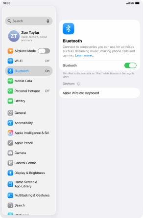 Press the required Bluetooth device and follow the instructions on the screen to pair the device with your tablet.