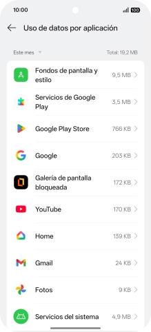 El consumo de datos por cada aplicación aparece bajo el nombre de la aplicación.