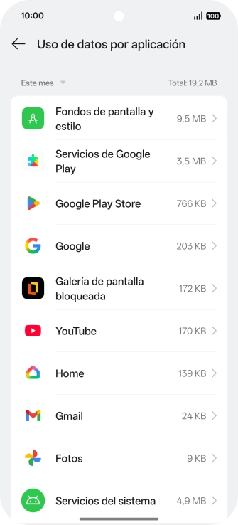 El consumo de datos por cada aplicación aparece bajo el nombre de la aplicación.