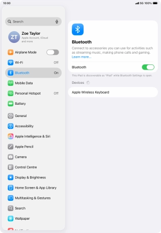 Press the required Bluetooth device and follow the instructions on the screen to pair the device with your tablet.