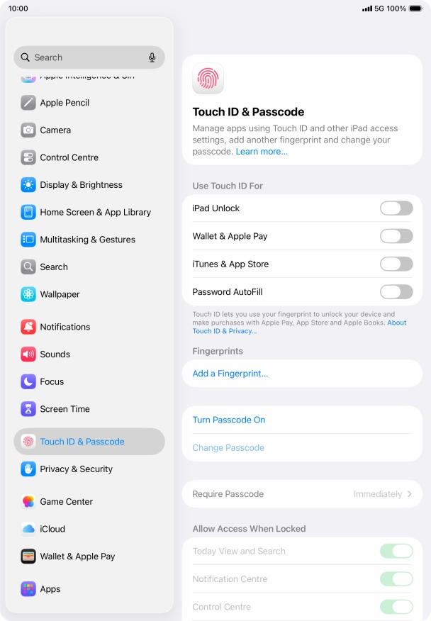 Press Turn Passcode On and key in a lock code of your own choice twice.