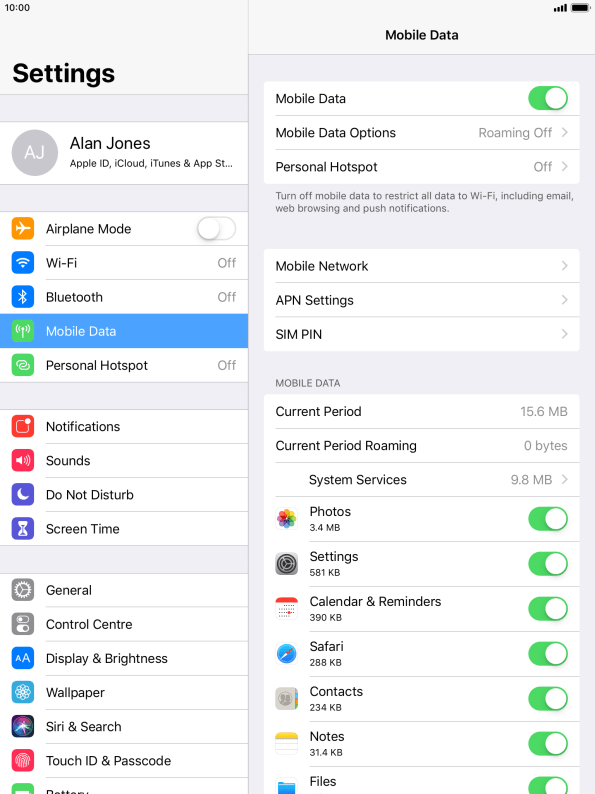 Apple iPad Air 2 - Turn mobile data on or off | Vodafone UK