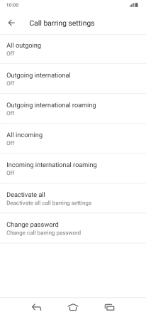 Press the required barring type to turn the function on or off.