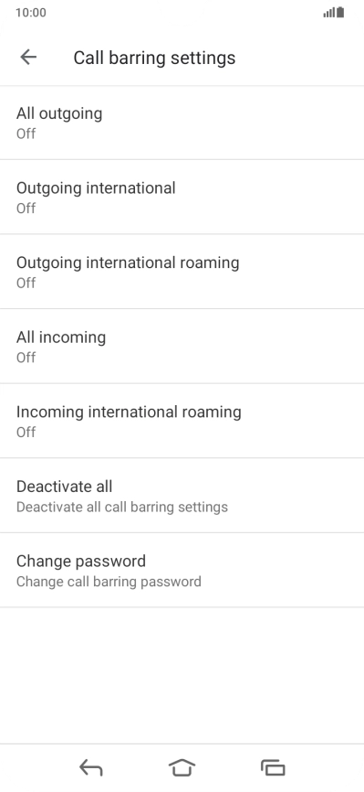 Press the required barring type to turn the function on or off.