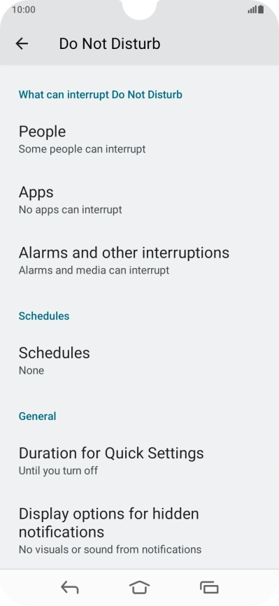 Press Schedules and follow the instructions on the screen to select settings for automatic activation of Do Not Disturb.