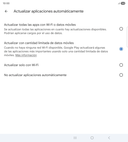 Para activar la actualización automática de apps utilizando la red móvil, pulsa Actualizar todas las apps con Wi-Fi o datos móviles.