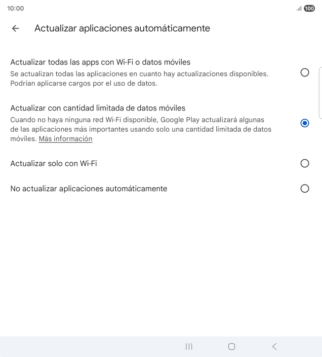 Para activar la actualización automática de apps utilizando la red móvil, pulsa Actualizar todas las apps con Wi-Fi o datos móviles.