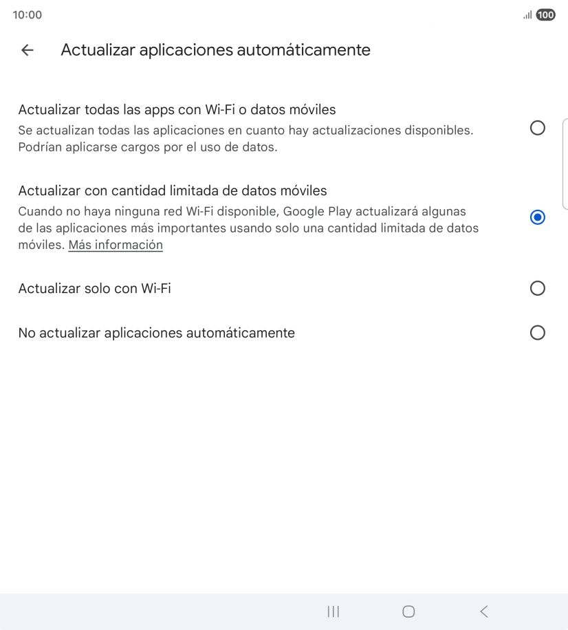 Para activar la actualización automática de apps utilizando la red móvil, pulsa Actualizar todas las apps con Wi-Fi o datos móviles.