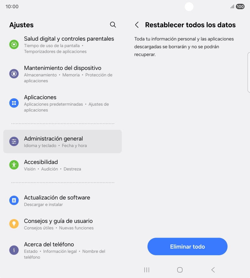 Pulsa Eliminar todo. Espera unos instantes mientras el teléfono restablece la configuración predeterminada. Sigue las indicaciones de la pantalla para configurar el teléfono y dejarlo listo para su uso.