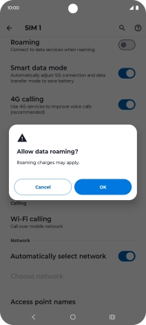 If you turn on data roaming, press OK.