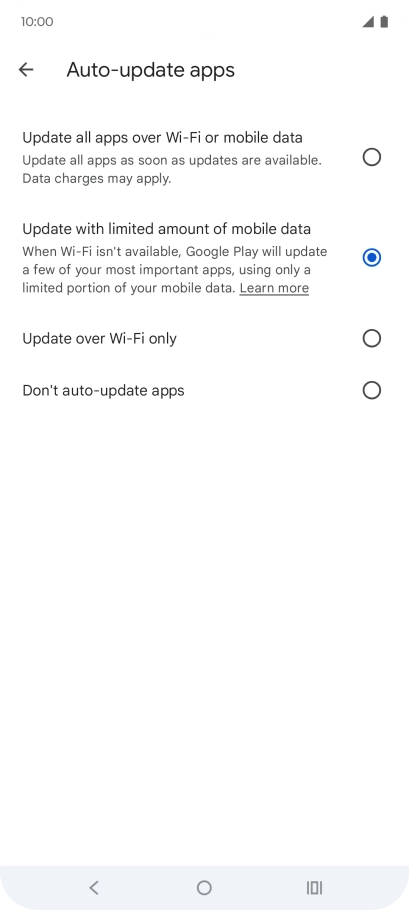 To turn on automatic update of apps using mobile network, press Update all apps over Wi-Fi or mobile data.
