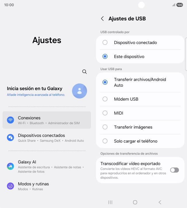 Pulsa Transferir archivos/Android Auto.