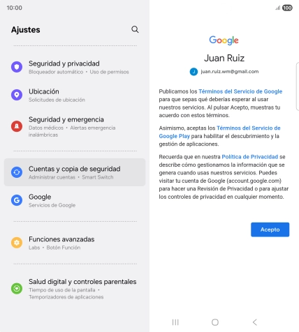 Pulsa Acepto y sigue las indicaciones de la pantalla para seleccionar los ajustes de tu cuenta de Google.