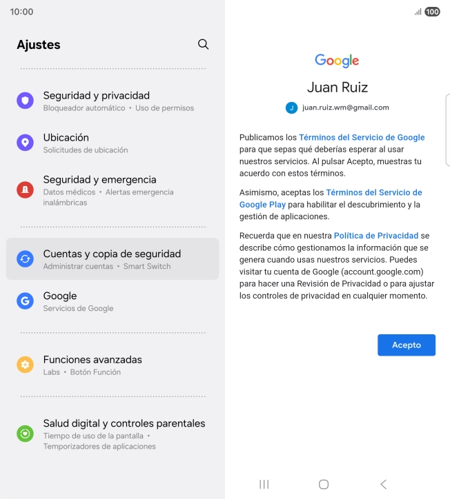 Pulsa Acepto y sigue las indicaciones de la pantalla para seleccionar los ajustes de tu cuenta de Google.